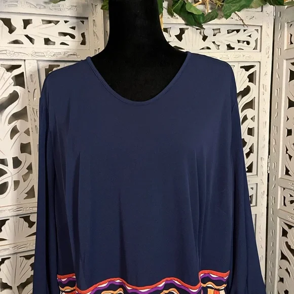 DONNA MORGAN NICE NAVY BLUE WITH GROOVY MULTICOLORS LONG SLEEVE MAXI DRESS - Picture 3 of 11